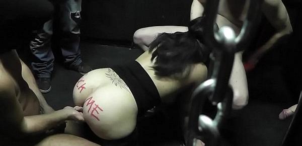  Sex slave wife gangbanged by plenty of men in a dungeon club